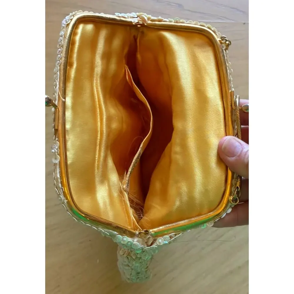 VTG 50s Italian glass beaded sequin evening purse Gold Luxury Hollywood Glam